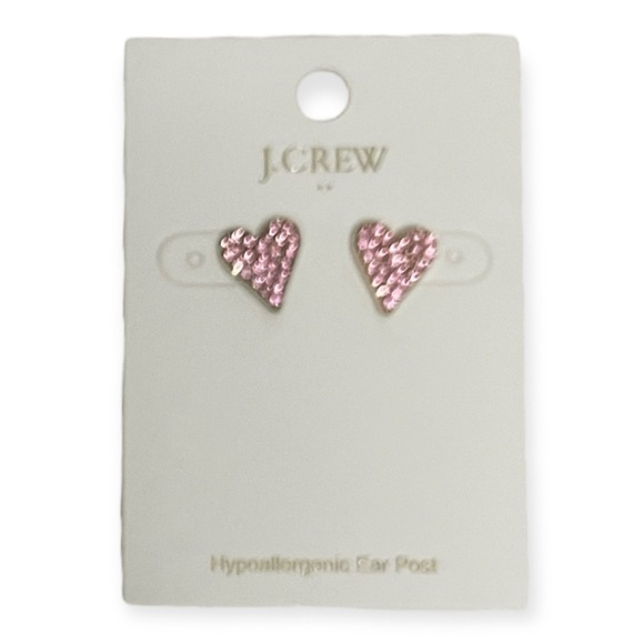 J. CREW Pink Crystal Heart Earrings Pavé Rhinestone Stud Pierced Earrings NWT - Picture 1 of 8